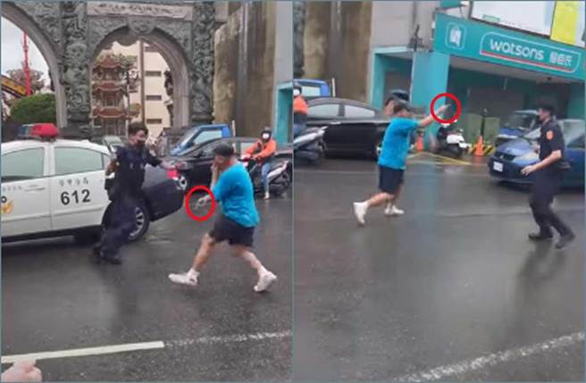台南一名老翁没戴口罩，警方劝导他竟拿出螺丝起子当街袭警。（截自《爆料公社公开版》影片）