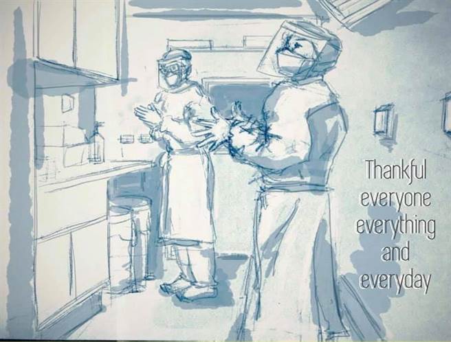 ICU医师陈志金在脸书分享确诊者的2幅画，描绘出住在隔离病房时看见的医护忙碌身影。(图/截自Icu医生陈志金脸书)