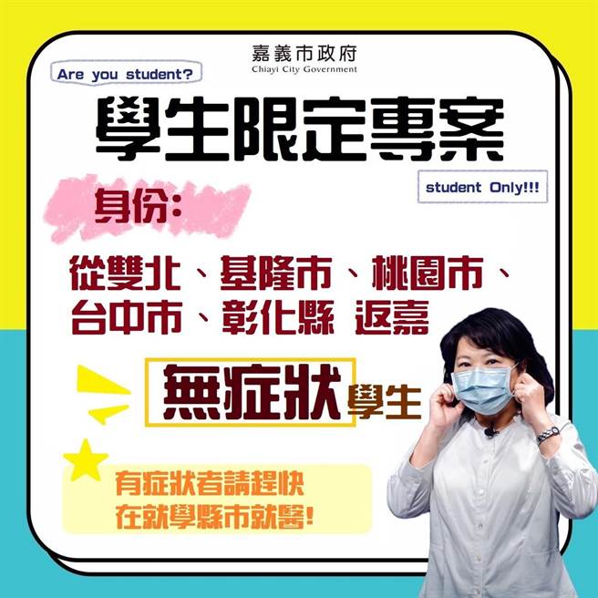 因应毕业及暑假学生返乡潮，嘉义市政府推出「自热区返乡学子採检专案」9日将启动。（嘉义市政府提供∕吕妍庭嘉义传真）