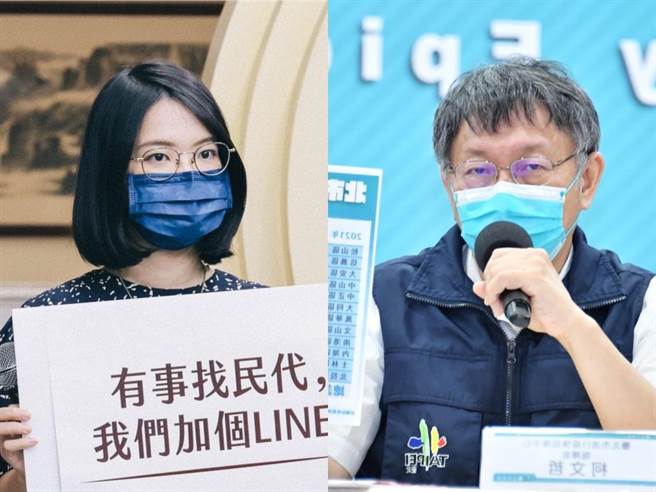 北市议员黄郁芬（左）怒指北投区竟没有防疫专责病房，遭台北市长柯文哲（右）冷回「妳真是那选区的议员吗？」。（左图摘自黄郁芬脸书、右图北市府提供／张颖齐台北传真）