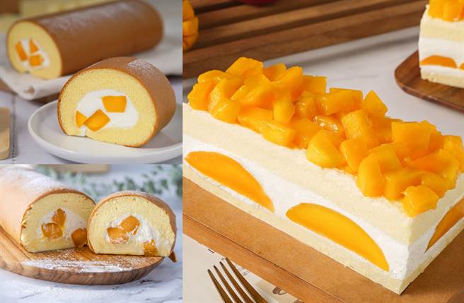 使用了2颗半爱文芒果的长条蛋糕（右），以及卷入了整颗芒果的蛋糕卷（左）都不容错过。（图／品牌提供）
