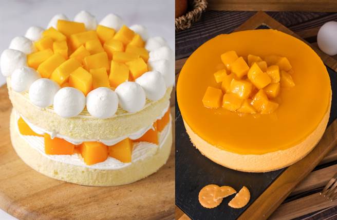 台湾爱文芒果裸蛋糕（左）在蓬松绵密的戚风蛋糕中点缀法国铁塔牌鲜奶油，口感细致迷人。（图／品牌提供）

