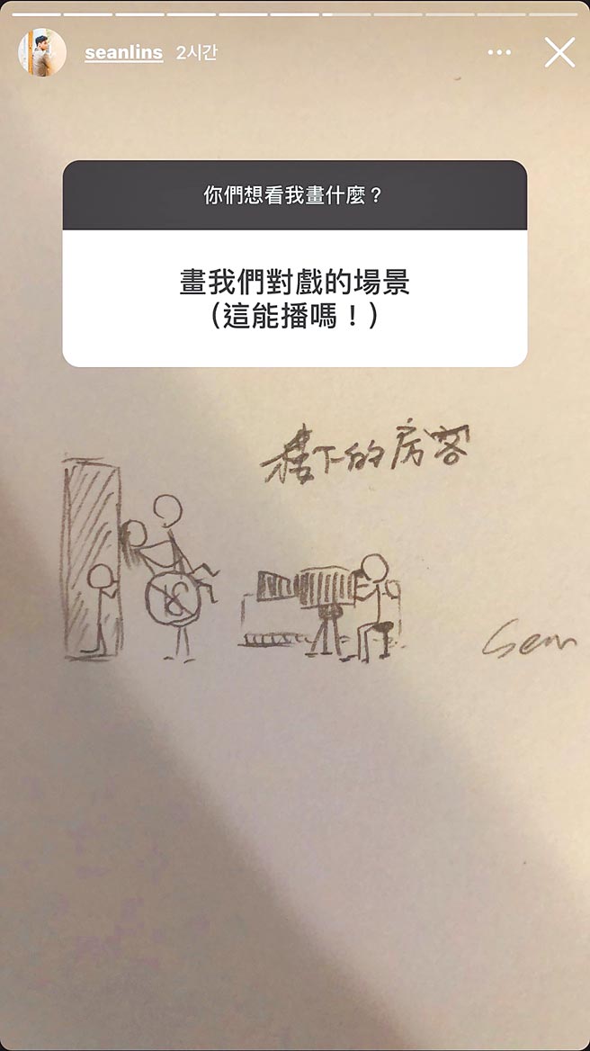 林敬伦手绘的《楼下的房客》「18禁」拍戏画面，相当传神逗趣。（摘自IG）