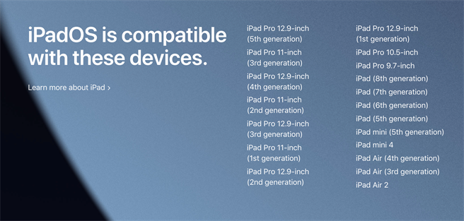 iPadOS 15可支援的设备。（摘自苹果官网）