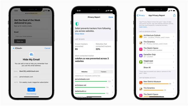 Safari 隐私权报告、「隐藏我的电子邮件」功能与「App 隐私权报告」都是苹果在保护用户隐私提出的防护功能。(苹果提供）
