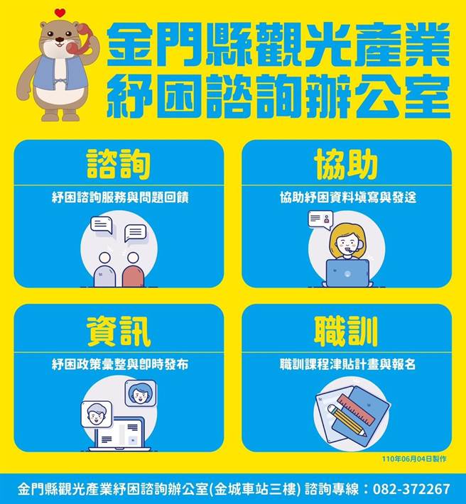 金门县府再成立观光纾困谘询办公室，相关服务与协助项目即时启动。（金门县府观光处提供）