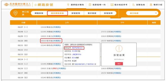 视讯门诊图示流程：步骤一【看诊前-视讯门诊预约】- 长庚医院全球资讯网挂号网页_视讯专区挂号。（图／长庚医院提供）