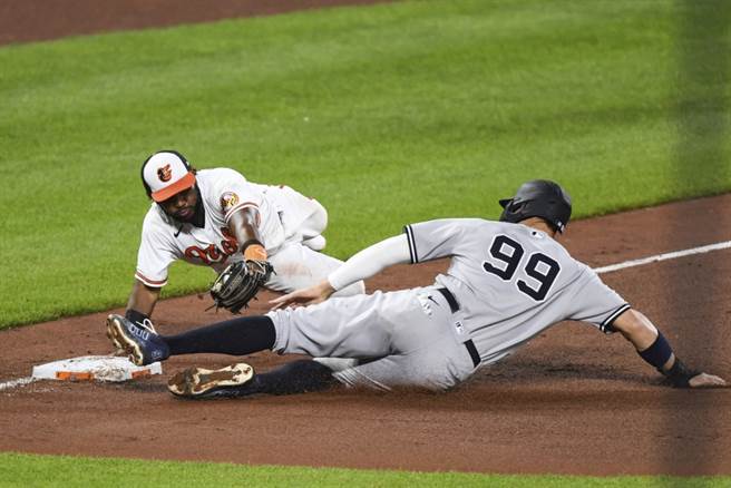 洋基跑者贾吉(右)滑向三垒失败，遭触杀出局。（美联社资料照）