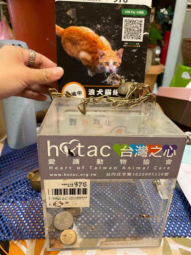 店家用鐵鍊環繞募款箱並加裝鈴鐺，希望能減少募款箱被偷走的機會。（台灣之心愛護動物協會提供）