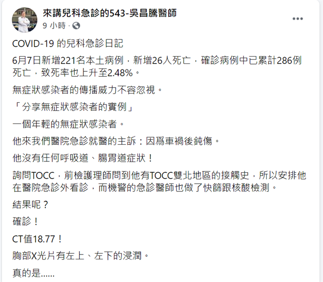 吴昌腾在个人脸书粉专《来讲儿科急诊543-吴昌腾医师》分享有年轻人车祸送医採检确诊，感嘆无症状者眾。(翻摄照片)