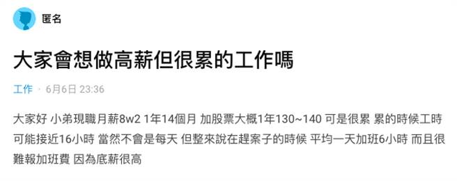 原PO虽然底薪高，但工作上很烦心，让他有辞职念头。（图／Dcard）