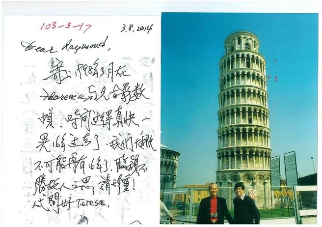 傅建中（右）与作者戴瑞明，1998年游佛罗伦斯合影。（戴瑞明提供）