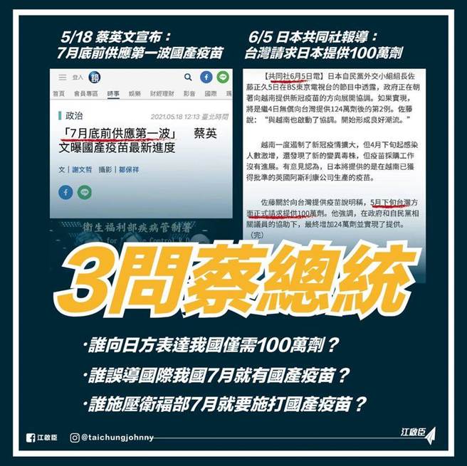 国民党主席江启臣今三问蔡英文总统。（摘自江启臣脸书）