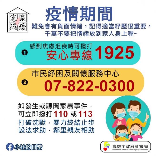 高雄市社会局设立疫情安心专线，呼吁民眾勇敢面对疫情带来的压力。（高雄市社会局提供／林瑞益高雄传真）