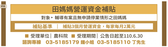 田妈妈营运资金补贴方法一览。（取自农委会网站）