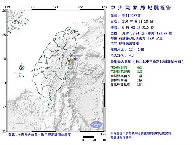 花莲寿丰乡今早发生规模4.3地震。（图／翻摄自气象局）