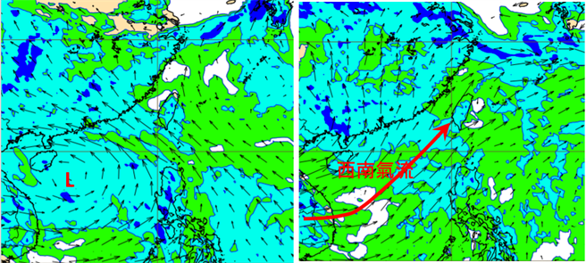最新(9日20时)欧洲(ECMWF)模式模拟850百帕风场图显示，周五(11日)20时南海有「热带扰动」(左图L)发展。下周一(14日)20时「西南气流」增强并已抵达台湾(右图)。（翻摄自 「三立准气象· 老大泄天机」）

