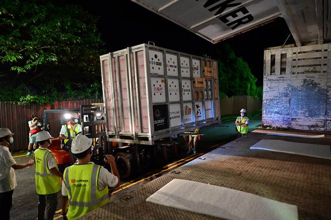 六福村团队在凌晨启动输出计画，由吊车将艾玛所在的箱笼，放入大货车中。（六福村提供）