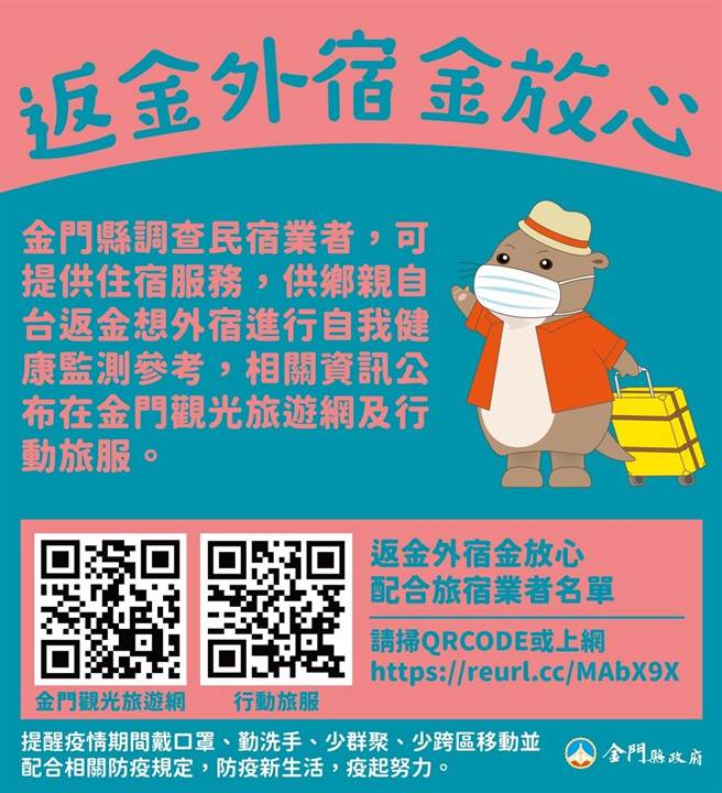 金门县府针对返金后自我健康监测14天的乡亲，再推出「金放心民宿」新方案。（金门县府观光处提供）
