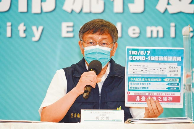 台北市长柯文哲9日爆，北市疫苗没打完，是因其中800瓶疫苗是由中央流行疫情指挥中心、国安局、总统府、华航指定寄放在北市的医院，造册给外国使节之类的人打。（北市府提供／张颖齐台北传真）