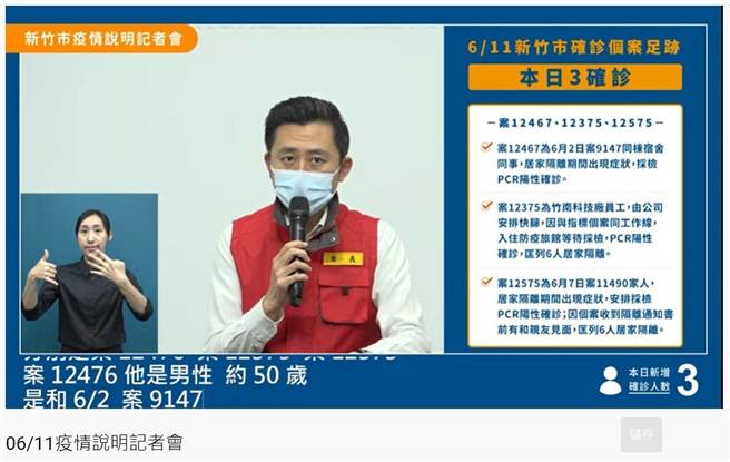 新竹市11日共3名確診，3個案皆為接觸過確診者，隔離後採檢確診。（擷自網路／邱立雅竹市傳真）