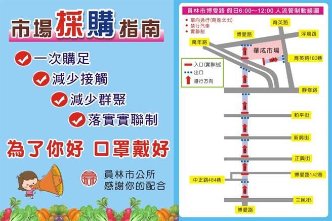 端午连假博爱路和南北两侧的传统市场，上半天将严格执行管制人流措施。（员林市公所提供／谢琼云彰化传真）