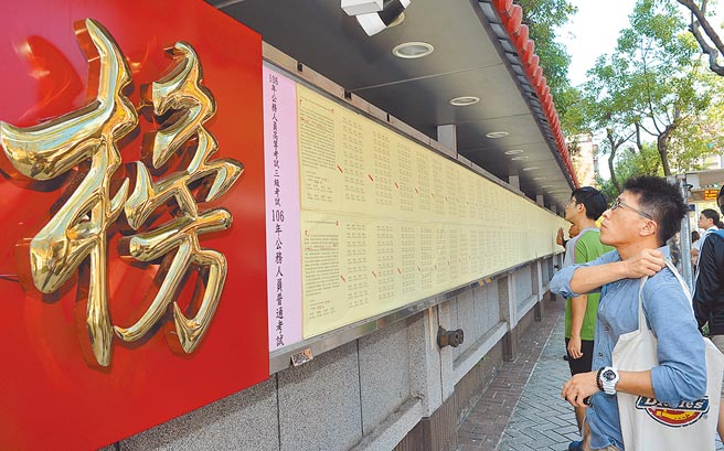 疫情影响，国内多项公务人员考试都延期举行，图为公务人员高等考试放榜，不少考生及考生亲友站在榜单前查看。（本报资料照）