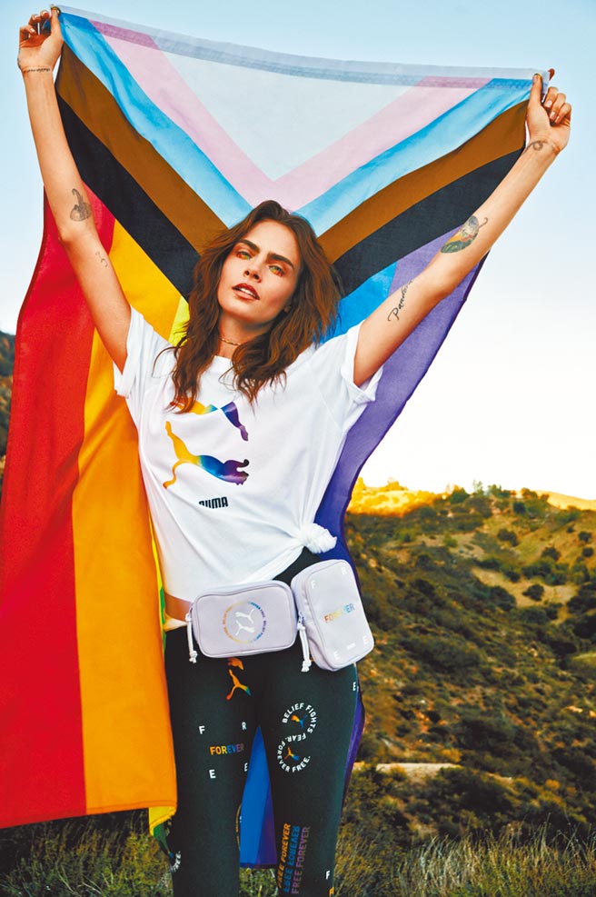 PUMA Pride短袖T恤1080元、紧身裤1180元、腰包1980元。（PUMA提供）