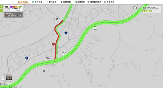交通部高速公路总局路况表显示，土城交流道呈现红灯壅塞状况，即时车速在每小时40公里以下，不过国道3号却是绿灯，时速皆在每小时95公里以上。（蔡雯如翻摄）