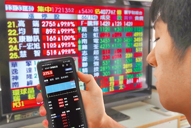 台北股市11日开高走低终场以17,213点收盘，上涨54.3点。高端疫苗股票则开盘即以275.5元涨停价开出，并一价到底，成交量346张，高挂16,584张买单。（郑任南摄）