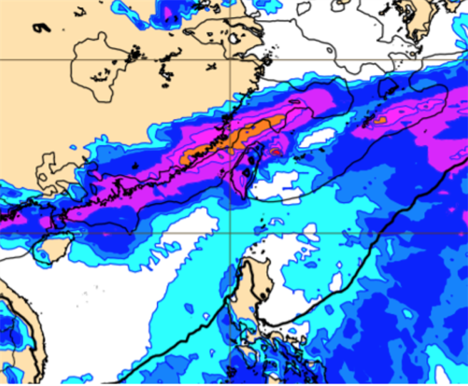 最新(12日20时)欧洲(ECMWF)模式模拟，下周二(22日)「梅雨滞留锋」已在台湾上空。（翻摄自 三立准气象· 老大泄天机）