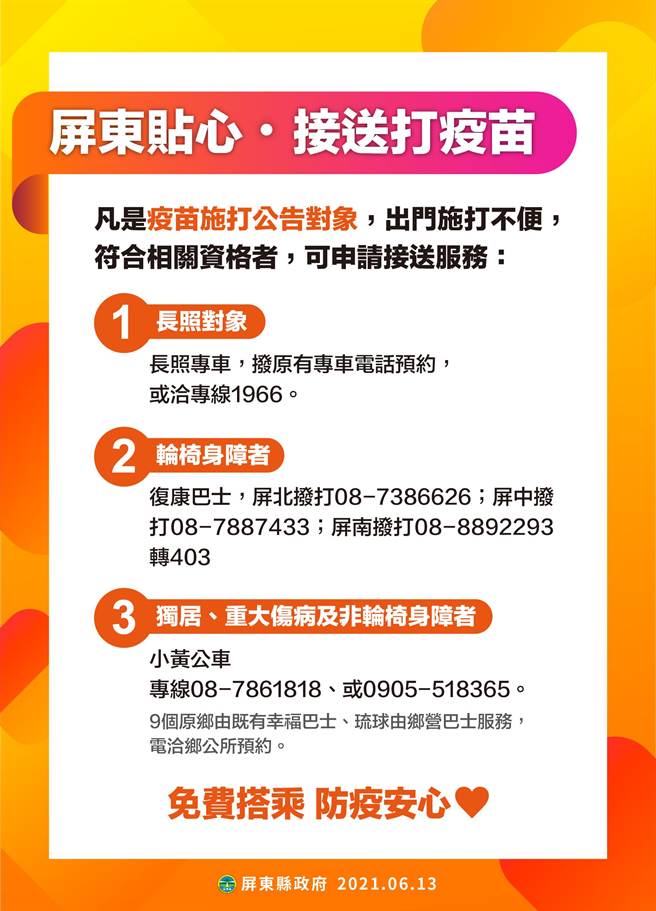屏東縣將於15日啟動大規模疫苗接種，縣府為首批接種的85歲以上長者推出貼心服務。（屏縣府提供／謝佳潾屏東傳真）