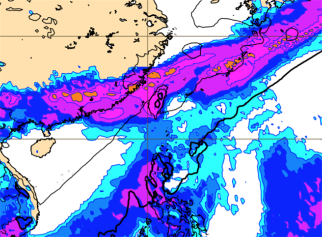 最新(13日20時)歐洲(ECMWF)模式，模擬下周二(22日)「梅雨滯留鋒」已在台灣附近徘徊，伴隨明顯降雨。(翻攝自「三立準氣象· 老大洩天機」）