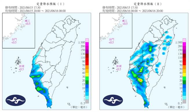 根据气象局定量降水预报显示，西南部沿海区域容易有阵雨。(气象局提供)