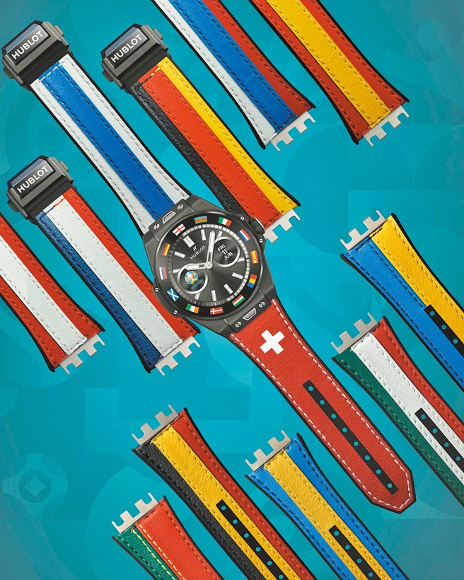 宇舶表Big Bang e 2020欧洲杯智能表，可自行更换表带，18万，限量1000只。（HUBLOT提供）