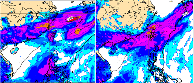 最新欧洲模式模拟，下周二(22日)20时地面气压及雨量图显示，典型「梅雨滞留锋」重返台湾附近(左图)。第10天〔下周五(25日)20时〕尚在其影响期间的中段(右图)。（翻摄自ECMWF）

