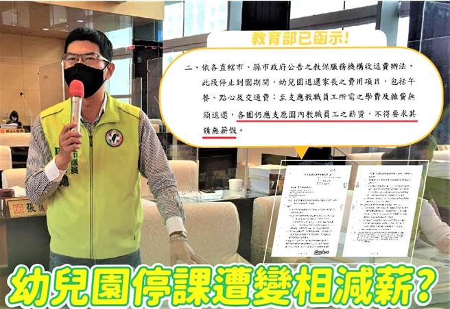 台中市議員周永鴻16日指出，有許多幼教老師陳情，「被協商」要求簽署同意書排班，並要扣特休或事假，直接依照上班天數給薪，要求市府追查。（周永鴻服務處提共／盧金足台中傳真）