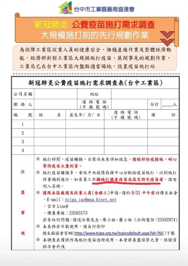 蓝委洪孟楷与国民党主席江启臣晚间揭露，工业区被要求造册打国产疫苗，引发争议。（摘自罗智强脸书）