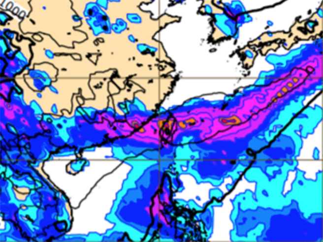 16日20时欧洲模式，模拟下周二(22日)20时地面气压及雨量图显示，典型「梅雨滞留锋」重返台湾。(翻摄自ECMWF)

 