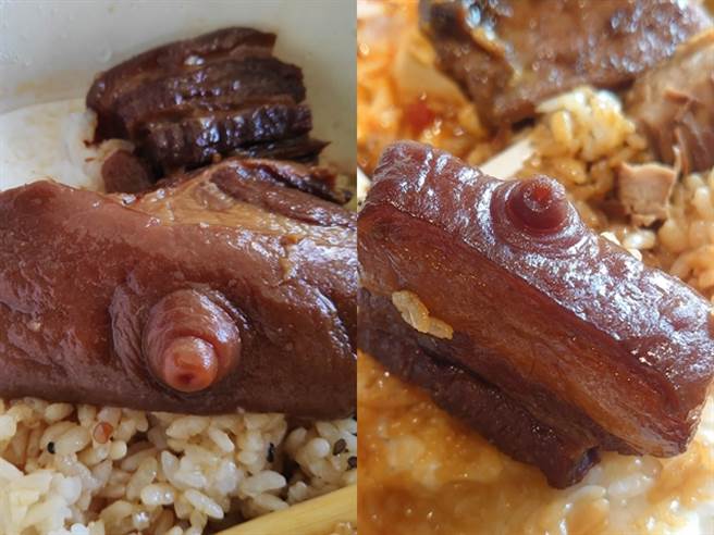 1名网友日前在吃控肉便当时，发现三层肉上竟有1块「圆形凸起物」，事后想想才惊觉那是「猪乳头」。（图／翻摄自脸书「爆怨2公社」）