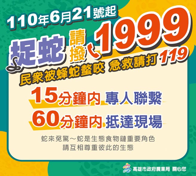 高雄市农业局将于6月21日接管捕蜂捉蛇业务，捕蜂捉蛇请拨1999。（高雄市农业局提供／林瑞益高雄传真）