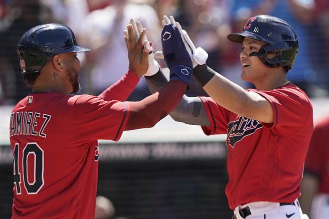 印地安人隊台灣好手張育成（右）敲出本季第2轟。（美聯社）