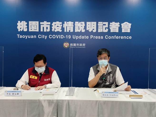 桃园市长郑文灿（左）主持疫情说明记者会，卫生局长王文彦（右）证实，桃园又新通报2人确诊死亡。（桃园市新闻处提供／赖佑维桃园传真）