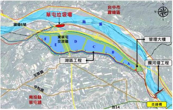 乌溪南岸，草屯镇境内，目前正兴建鸟嘴潭人工湖，将改善彰化地层下陷及用水问题。（撷取自行政院网站／黄国峰台中传真）
