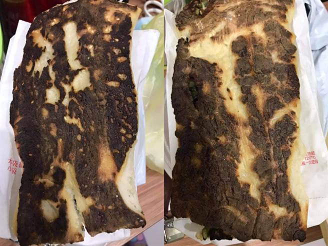 士林基河路上烧饼名店，民眾投诉买了3个烧饼全焦黑，却遭店员拒绝更换。（照片/民眾章小姐 提供）