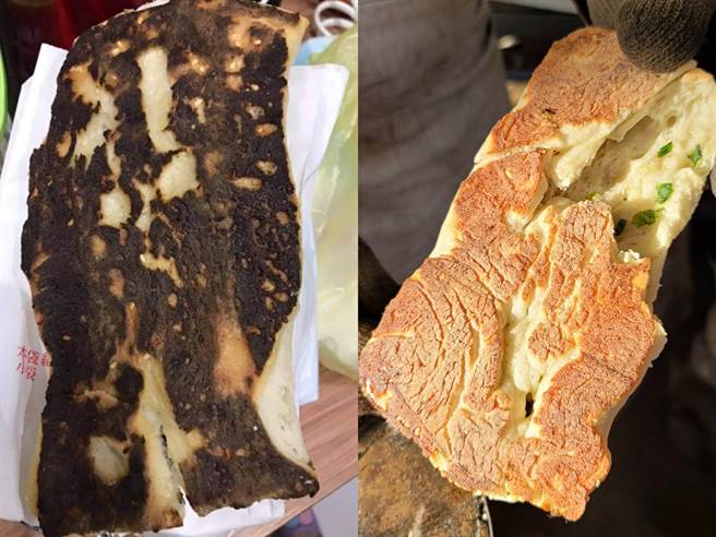 章小姐购买的烧饼（左），店家拿出一般出炉的烧饼（右）。（照片/游定刚 拍摄）