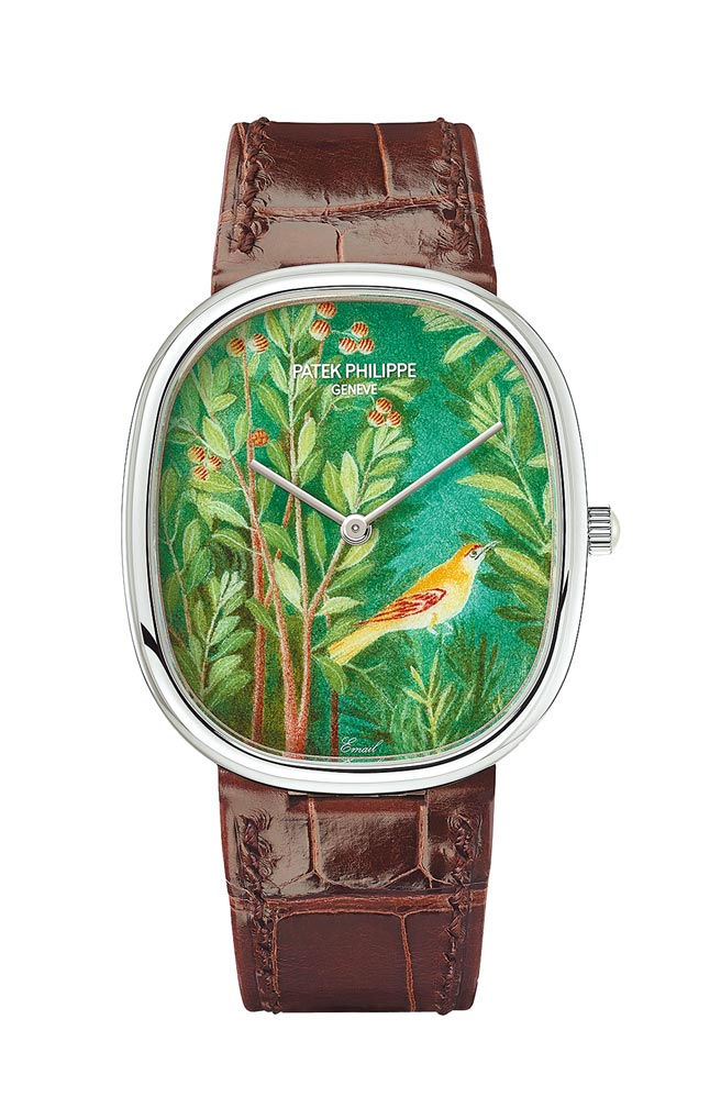「Roman frescoes」Ellipse系列腕表，如画框表盘搭配微绘珐琅工艺的花鸟图。（Patek Philippe提供）