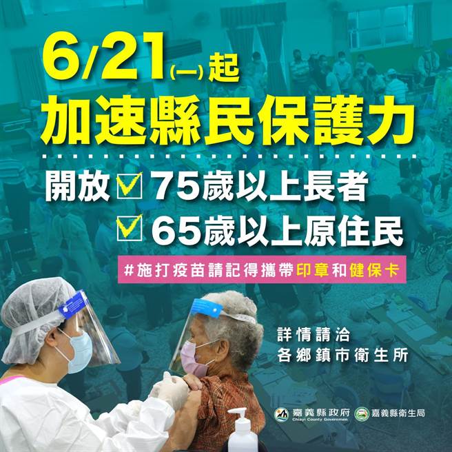 嘉義縣21日開始開放75歲以上民眾接種疫苗。（嘉縣政府提供／張亦惠嘉縣傳真）