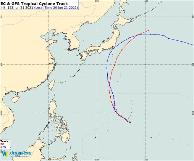 热低压最快明天成颱，欧、美模式皆模拟，会随着太平洋高压环流往北，朝日本东方海面前进。（翻摄自 彭启明脸书）