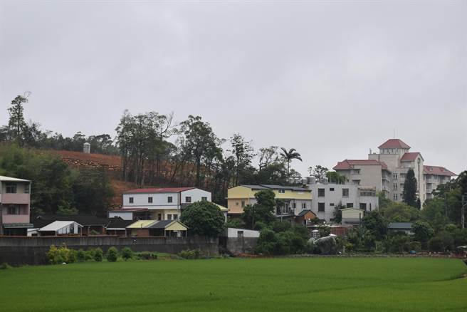 三义西湖度假村大门旁小山岭遭业主违法开发，山顶一片光秃。（谢明俊摄）